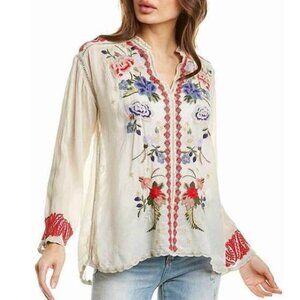 Johnny Was Maude Blouse Mathilde Embroidered Floral Butterfly Rayon Top Cream